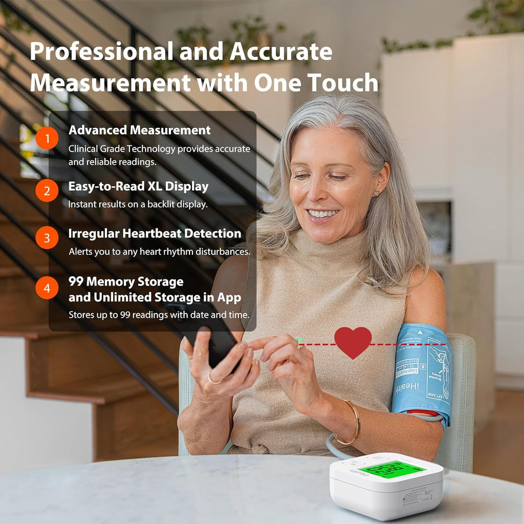 Track Smart Upper Arm Blood Pressure Monitor with Wide Range Cuff That fits Standard to Large Adult Arms, Bluetooth Compatible for iOS & Android Devices