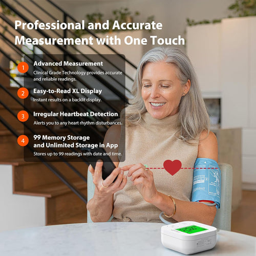 Track Smart Upper Arm Blood Pressure Monitor with Wide Range Cuff That fits Standard to Large Adult Arms, Bluetooth Compatible for iOS & Android Devices