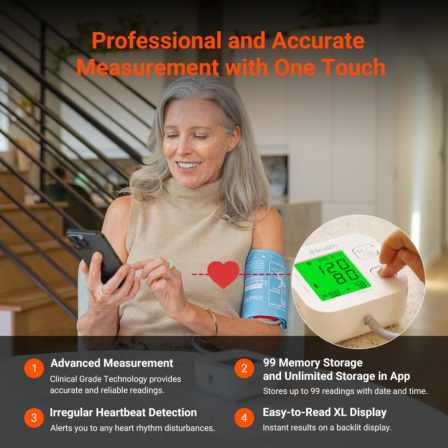 Track Smart Upper Arm Blood Pressure Monitor with Wide Range Cuff That fits Standard to Large Adult Arms, Bluetooth Compatible for iOS & Android Devices