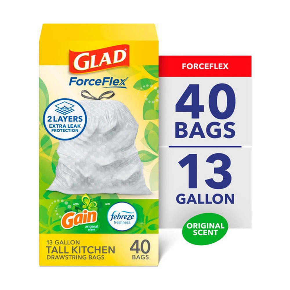 Glad ForceFlex Tall Kitchen Drawstring Trash Bags, 13 Gal, Gain Original with Febreze