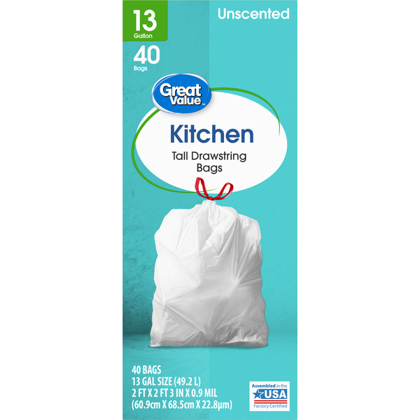 Great Value Drawstring Bags, Tall, Unscented, Kitchen, 13 Gallon - Image 1