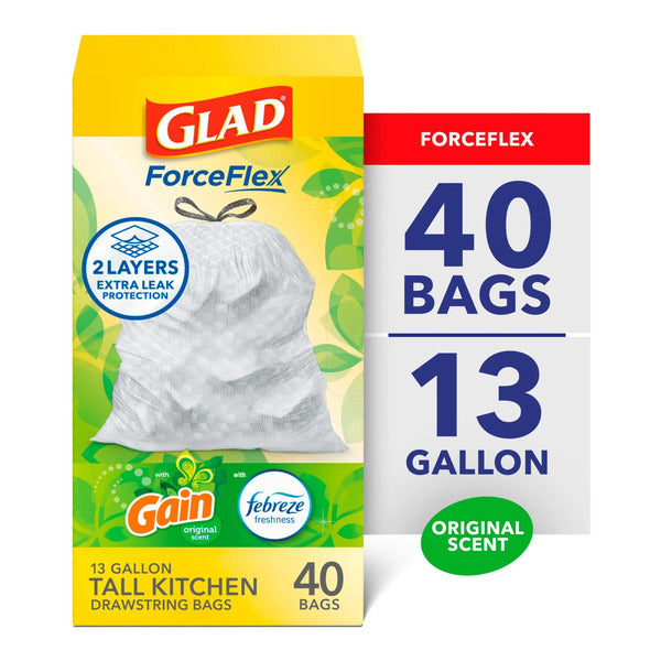 Glad ForceFlex Tall Kitchen Drawstring Trash Bags, 13 Gal, Gain Original with Febreze - Image 1