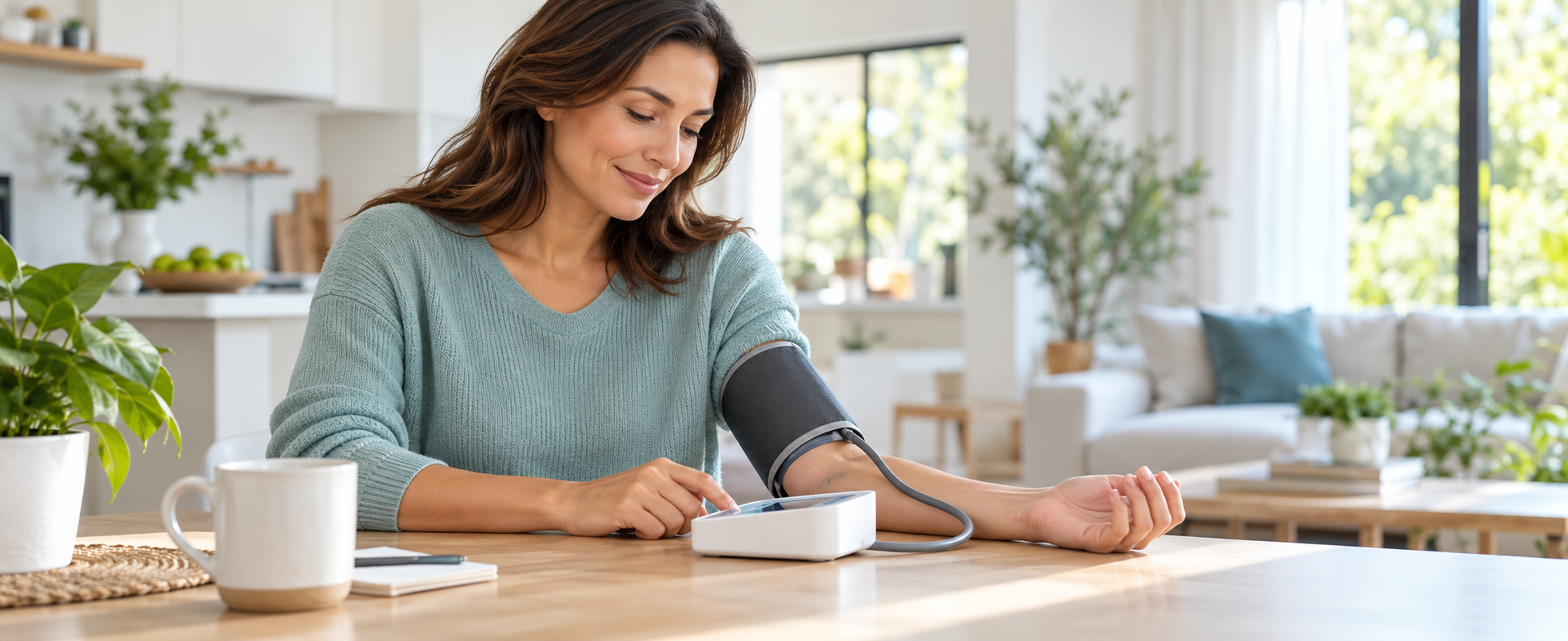 Adult using an upper-arm blood pressure monitor at home
